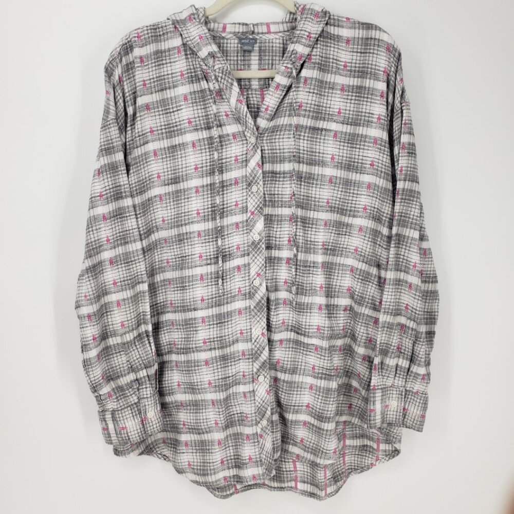 aerie Plaid Flannel Hooded Button Down Shirt Top